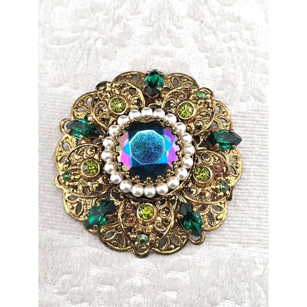 Vintage Germany Made Filigree Brooch Pin Aurora Borealis Rhinestones MCM Ornate